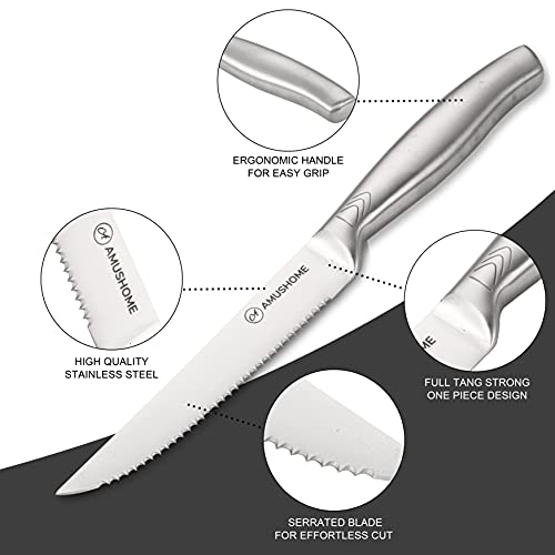 AMUSHOME Steak Knives Set of 4 Stainless Steel Steak Knife with Sharp Serrated Edge