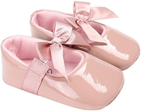 Baby Girls Shiny Patent Leather Christening Baptism Mary Jane Princess Dress Flat Shoes with Bowknot Dark Pink Size L