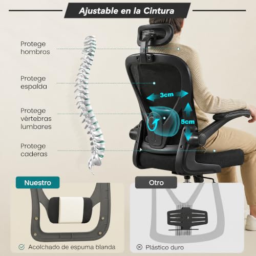 VIDITA Silla de Escritorio Ergonómica Oficina reposabrazos Ajustables Negro | Reposabrazos ajustables Silla de oficina de malla Relleno de espuma blanda en la zona lumbar, con soporte lumbar ajustable