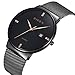 Mens Simple Slim Watch Analog Quartz Waterproof Black Stainless Steel Mesh Band Thin Casual Dress Wrist Watches for Men