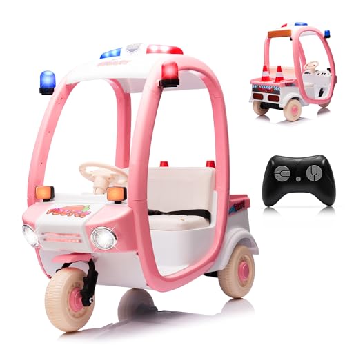 Electric Police Ride on Car for Kids JoyRydz 12V Battery Cop Car Toy with Battery, Power Wheels, Back Storage, 3 Wheels, Remote Control, Siren, LED Lights, Music- Pink