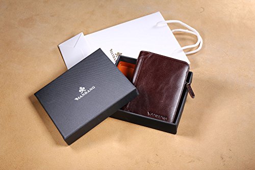 Men's Genuine Cowhide Leather Extra Capacity Bifold Wallet with Zipper Coffee