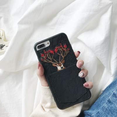 SJKPG Korean Embroidery Style Phone Case for Iphone Xr Xs Max X 10 Xs 6 6S 7 8 Plus Case Card Pocket Sika Deer Coque Soft Lace Pu Capa for Iphone 7 Or 8 3426