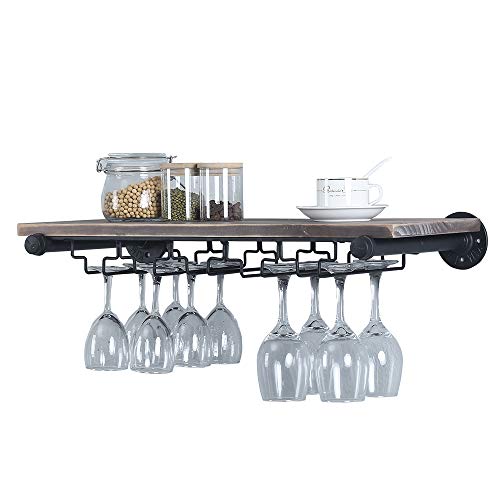 Industrial Pipe Shelving Hanging Stemware Racks,Rustic Wall Mounted Wine Rack with 5 Glass