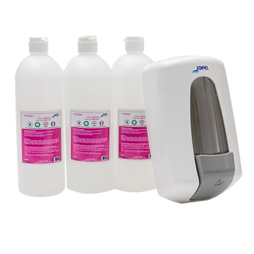 Jofel - AT30370, White Aitana Soap Dispenser Pack + 3 Litres of Almond Gel Soap, Refillable with Capacity of 0.9 Litres, Anti-corrosion and Anti-Drip Valve, ABS Housing