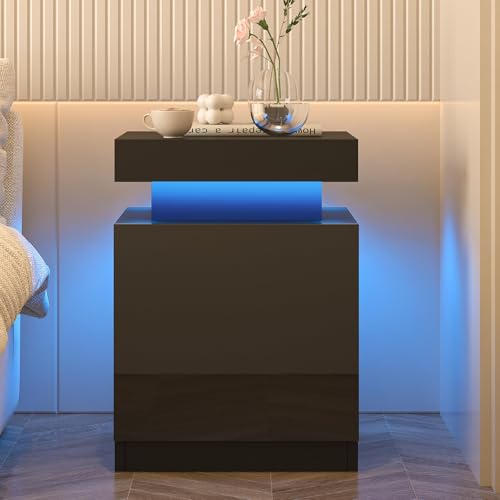 SiliBamb Nightstand Set of 2 with LED Lights, Night Stand with Storage Cabinet for Bedroom, Bedside Table with LED, Black
