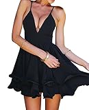 Kearia Women Sexy Deep V Neck Spaghetti Strap Pleated Ruffle Short Skater Mini Dress