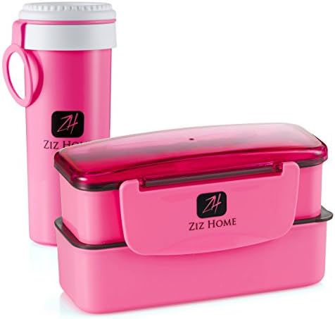 Ziz Home Bento Lunch Box Set for Adults &amp; Kids - 2 Stackable Containers, Cutlery, Cup with Compartments – Leak Proof Lunchbox - BPA Free - Eco Friendly – Best for Office, School, Travel, Work,(Pink)