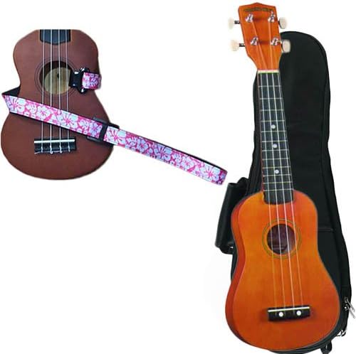 Brown Soprano Ukulele Pack w/Masterstraps Hawaiian Flower Pink Strap