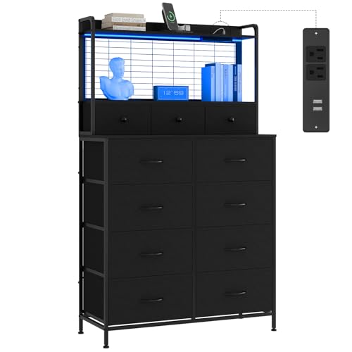 11 Drawers Dresser with LED Lights, Fabric Tall Dressers for Bedroom with 3 Ope…
