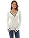 PattyBoutik Women's V Neck Lace Up Contrast Trim Ribbed Sweater