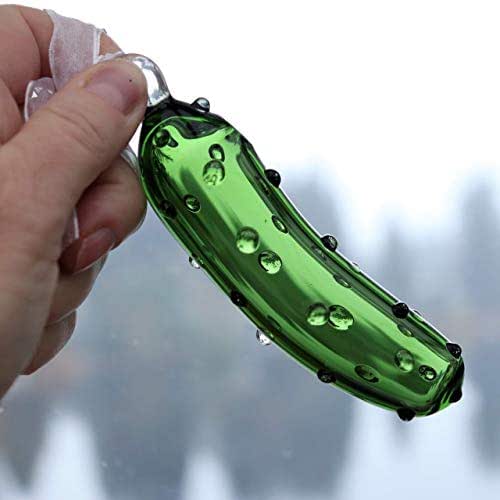 Hand Blown Green Pickle Ornament, German Weihnachtsgurke