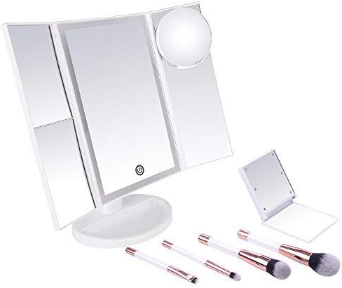 LED Lighted Makeup Vanity Mirror Tri-fold 1x 2x 3x 10x Magnification Natural 36 Bulb Striplight Soft Touch Dimmer 180 Degree Rotating, 4 Cosmetic Brushes with Lighted Compact Travel Mirror Included