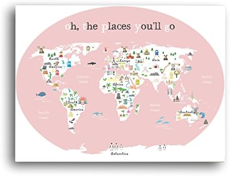 World Map Wall Art, Oh the Place You'll Go, Travel Map, World Map Print, Wall Art for Kids, Nursery Wall Art, Travel Decor, Kid's World Map, Childrens Room Decor, Graduation Gift, Pink, 24x18