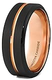 Mens Wedding Band Black 8mm Rose Gold Tungsten Ring Groove Beveled Edge Comfort Fit
