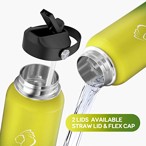 BUZIO Double Wall Stainless Steel Sports Water Bottle, BPA-Free Flex Cap and Straw Lid, 40 Ounces, Neon - Thumbnail 3