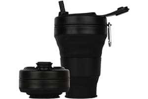 CYNROFVEN Silicone Coffee Cup with Straw lid Collapsible Cups for Traveling 20oz Lightweight Folding Water Mug for Picnic Hicking Camping Climbing (Black)