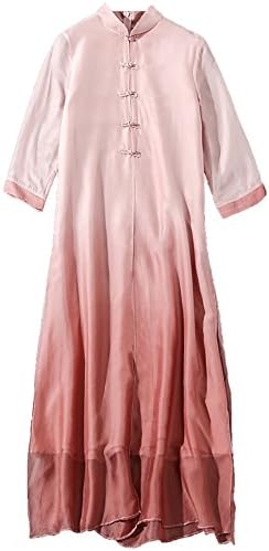 Plus Size 100% Mulberry Silk Chinese Style Cheongsam Solid Color Silk Dresses Long Skirt (L, Pink)