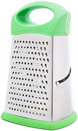 HiramWare Box Grater, 4-Sided 9-inch Stainless Steel Cheese and Vegetable Slicer with Non-Slip Rubber Base, Fine Hand Held Metal Grater for Kitchen, Dishwasher Safe(Green)