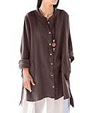 Soojun Women's Loose Fit Button Down Linen Cotton Cardigan Shirts Coat Coffee, X-Large