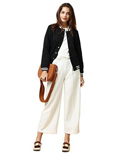 ASMAX HaoDuoYi Womens Varsity Ribbed Color Block Long Sleeve Baseball Bomber Jacket Black