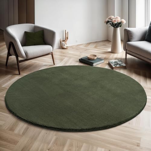 the carpet Relax Moderner Flauschiger Kurzflor Teppich, Anti-Rutsch Unterseite, Waschbar bis 30 Grad, Super Soft, Felloptik, Dunkelgrün, 160 cm Rund