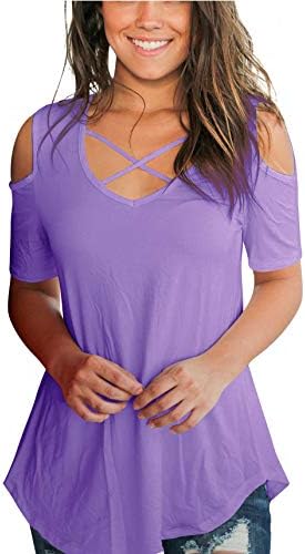 Aolakeke Cold Shoulder Short Sleeve Casual Cold Shoulder Tunic Tops Loose V Neck Criss Cross Blouse Shirts