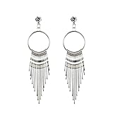 DDLBiz Women Fashion Bohemian Long Metal Tassel Crystal Dangle Earring Earrings Eardrop Hoops Jewelry (Silver)