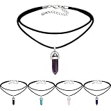 Anglacesmade Bullet Gemstone Choker Necklace - Bohemian Leather Cord With Crystal Pendant
