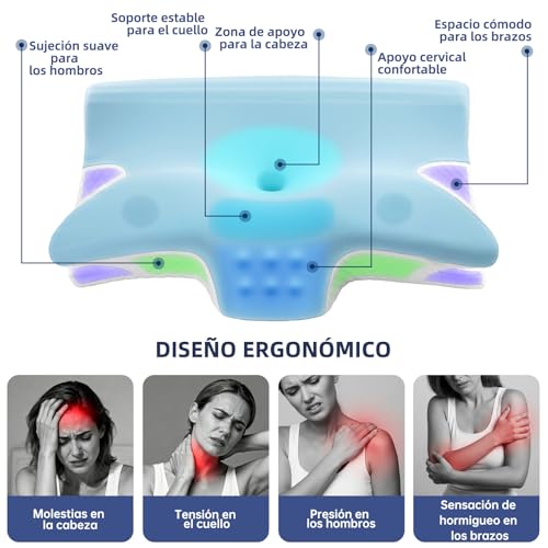 Honfay Almohada ergonómica para el Cuello, Almohada 2 en 1 de Espuma viscoelástica, Almohada Cervical para quienes Duermen de Lado, Boca Arriba o Boca Abajo, 60 x 40 x 12/14 cm (Azul Marino)