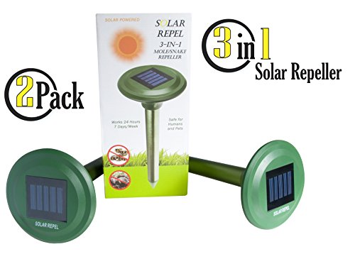 3-in-1 Extra-Large Solar Powered Sonic Pest Repeller. Repels Moles, Snakes, Gophers, Vole, Shrew. Waterproof and Child/Pet Safe for lawns or gardens. Humane way to maintain pest control. (2-Pack) 3-in-1 Extra-Large Solar Powered Sonic Pest Repeller. Repels Moles, Snakes, Gophers, Vole, Shrew. Waterproof and Child/Pet Safe for lawns or gardens. Humane way to maintain pest control. (2-Pack)