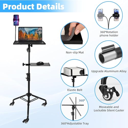 CENXI Laptop Tripod on Wheels with 2 Shelves, Portable Projector Floor Stand Adjustable Height 24 to 59 Inch with Phone Holder