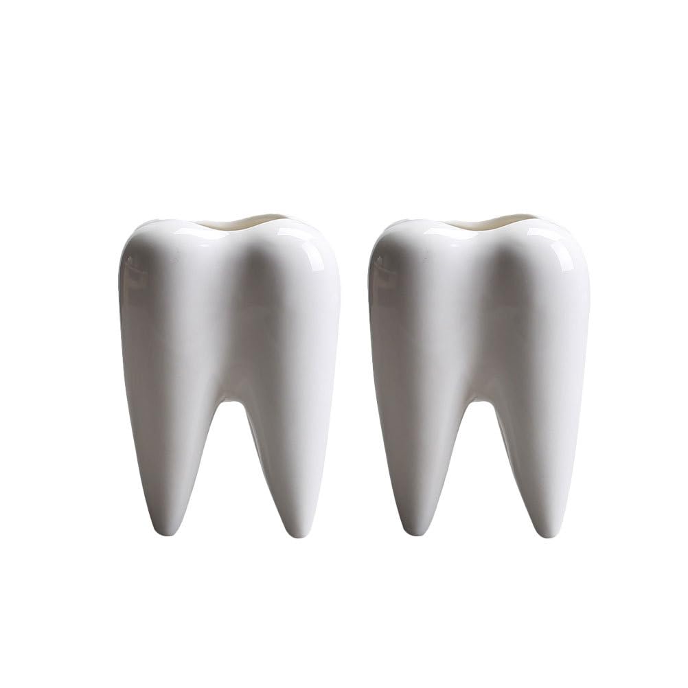 2Pcs Cute Tooth Shaped Ceramic Flower Pot Succulent Planter Pot Bonsai Plant Holder Cactus Container Plant Pen Holder for Home Office Decor White