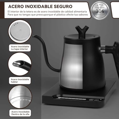 Tetera Eléctrica de Acero Inoxidable 304 con Cuello de Cisne,Electrica de 7 Modos de Temperatura,Hervidor de Agua Eléctrico con Apagado Automático,1000W Calentamiento Rápido,1 L para Preparar Café,Té