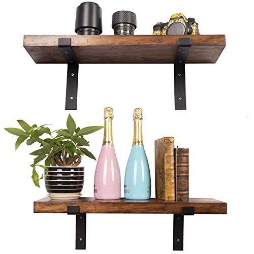 Heavy Duty Floating Shelf Lip Bracket Black J Wall Hook Solid Steel 4 Pack Rustic Decorative Bracket for Wood Boards Study Bedroom Kitchen (7.25"L x 6"H)