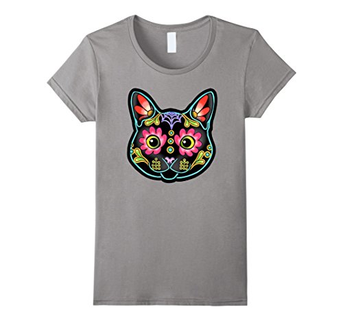Womens Black Cat - Day of the Dead Sugar Skull Kitty XL Slate