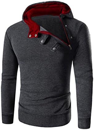 Men Retro Coat Among Hoodie Diagonal zipper buttons Sweatshirt Hooded Jacket Long Sleeve Outwear (L, Red)