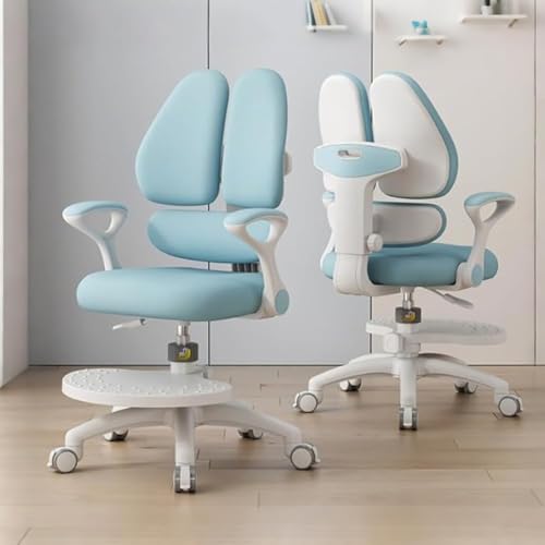 MOZOGOT Kids Desk Chair with Armrests Footrest, Ergonomic Student Swivel Rolling Task Chair, Adjustable Height Study Chair with Arms & Wheels for Boys Girls, Home Bedroom School (Blue)