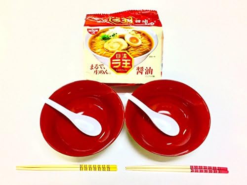 JapanStyle Japanese Ramen Donburi Bowl dia. 183cm 82g [Black x Vermilion ] x 2pcs/Renge Ramen Spoon x 2pcs/Chopsticks x 2 sets/Raoh Shoyu Soy Sauce [5pcs]/ Ready-for-Ramen Package SY