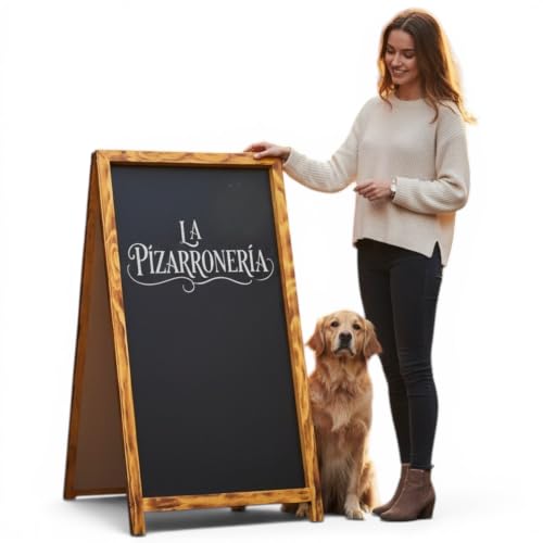 LA PIZARRONERIA Pizarrón de Gis Tipo A Doble Vista 100cm x 54cm | Marco Flameado Nogal, Para Restaurantes, Para Cafeterías, Para Negocios