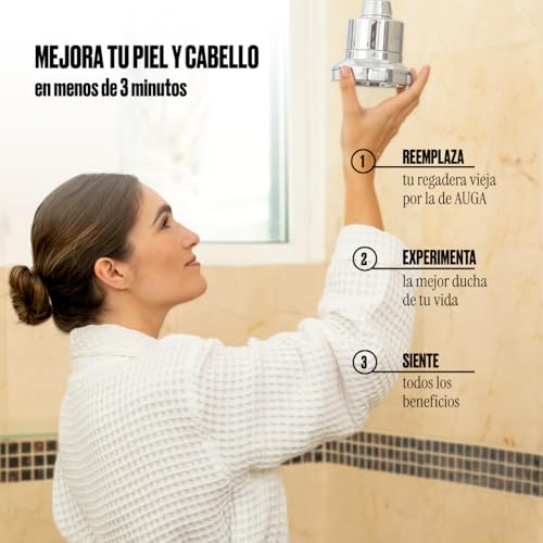 AUGA Cabezal de Ducha con Filtro Premium. Elimina Cloro y Metales Pesados. Mejora tu Piel y Cabello. Incluye Kit Completo de Instalación. Mayor Presión de Agua. Tecnología KDF-55. Color Cromo