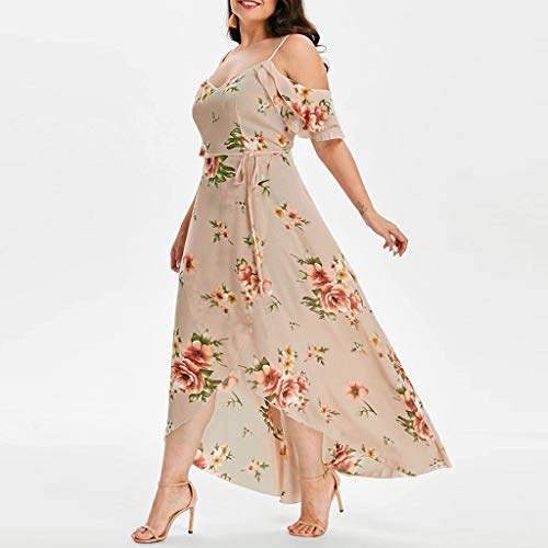 Women's Floral Maxi Dresses Boho Split Short Sleeve Cold Shoulder Flower Print Beach Party Dress (Beige -1, 2XL)