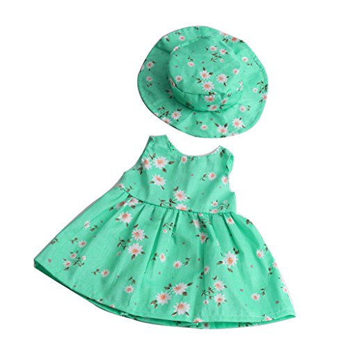 Dovewill 2pcs Fancy Clothes Outfit for 18inch American Girl My Life Zapf Baby Born Dolls Floral Dress Hat Set Green