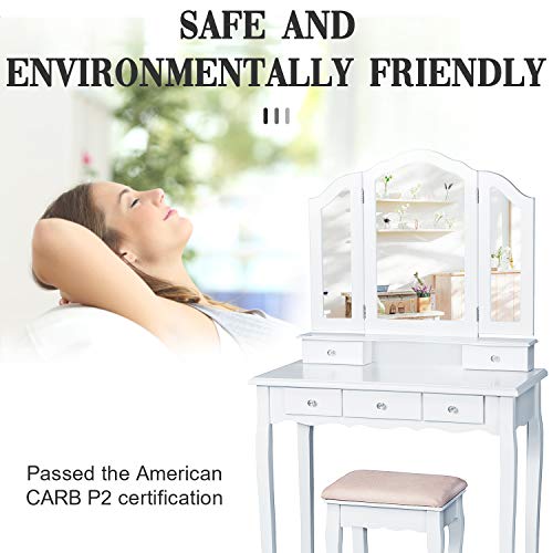 image for Tiptiper Vanity Set with Cushioned Bench, Makeup Table with Tri-Foldin