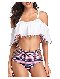 Holipick traje de baño de dos piezas con volantes fruncidos de cintura alta para dama