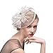 FeiYu Crafts Penny Mesh Hat Fascinator with Mesh Ribbons and Black Feathers (Off-White)