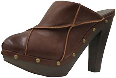 Forever21 Oki Stun Women's Leatherette Round Toe Faux Wood Studded Wedge Clogs Sandal Shoes (7, Dark Brown-B)
