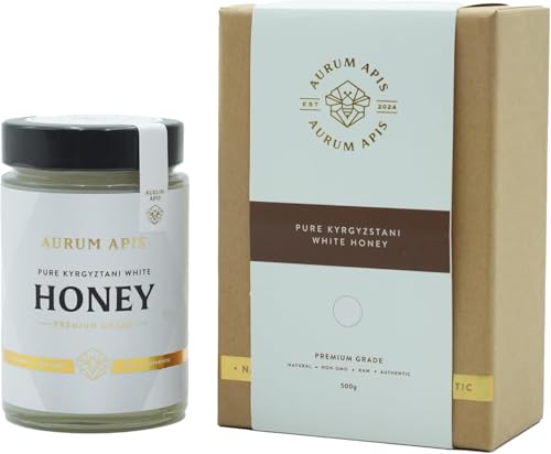 Aurum Apis Kyrgyzstani White Honey Pure Raw Wild Natural Organic Monofloral Premium Flower Superfood Natural Support Energy | Farm Fresh | Hand Harvested | Sugar Substitute - 500 Gram Jar
