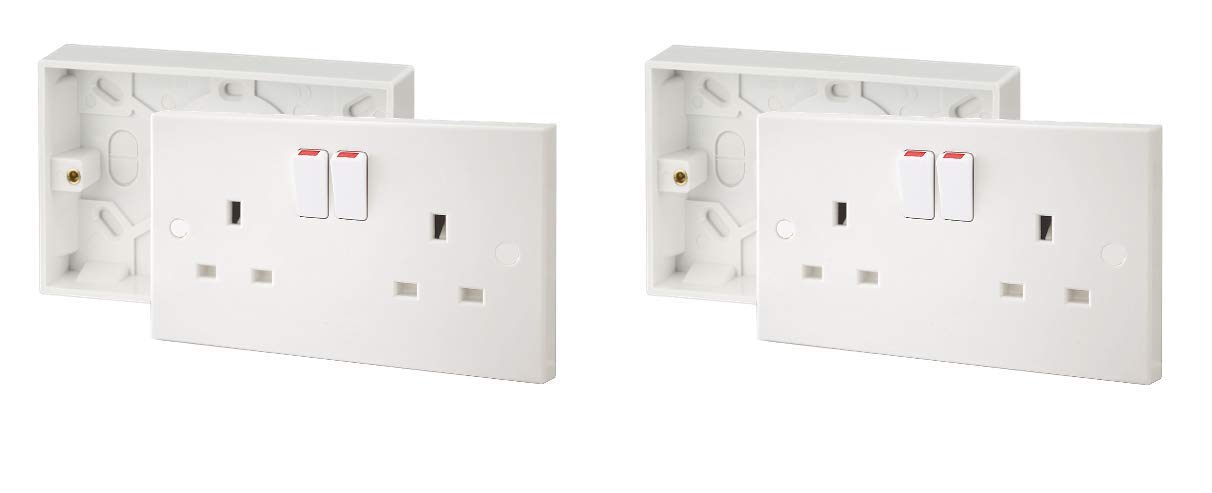 SHP Electrical® 13A Double White Switched Socket & Premium Double Surface Mount 25mm Pattress Box 2 Gang Set Electrical Outlets - Screw Caps Included (2)