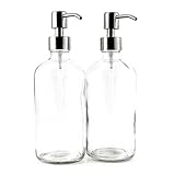 16-Ounce Clear Glass Boston Round Bottles w/Stainless Steel Pumps (2 Pack), Soap Dispenser Great for Essential Oils, Lotions, Liquid Soaps